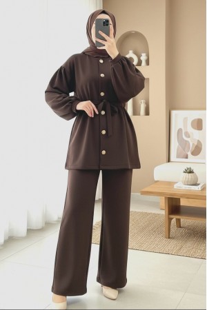 Balon Kol Beli Kuşaklı Önü Düğmeli Scuba Takım  -K. Kahve