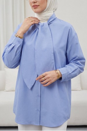 Yakası Bağlamalı Düğmeli Oversize Poplin Gömlek -Bebe Mavi