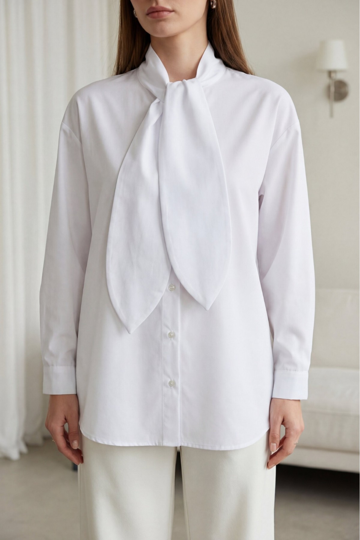 Oversize Shirt with Tie Collar and Button Closure -White