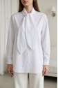 Yakası Bağlamalı Düğmeli Oversize Poplin Gömlek -Beyaz