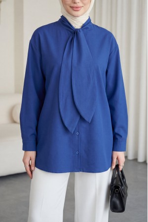 Yakası Bağlamalı Düğmeli Oversize Poplin Gömlek  -Laci