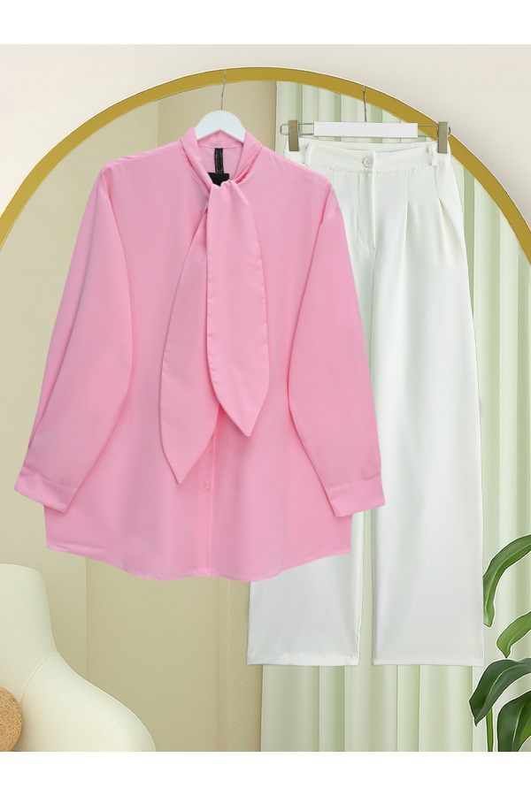 Oversize Shirt with Tie Collar and Button Closure -Pink