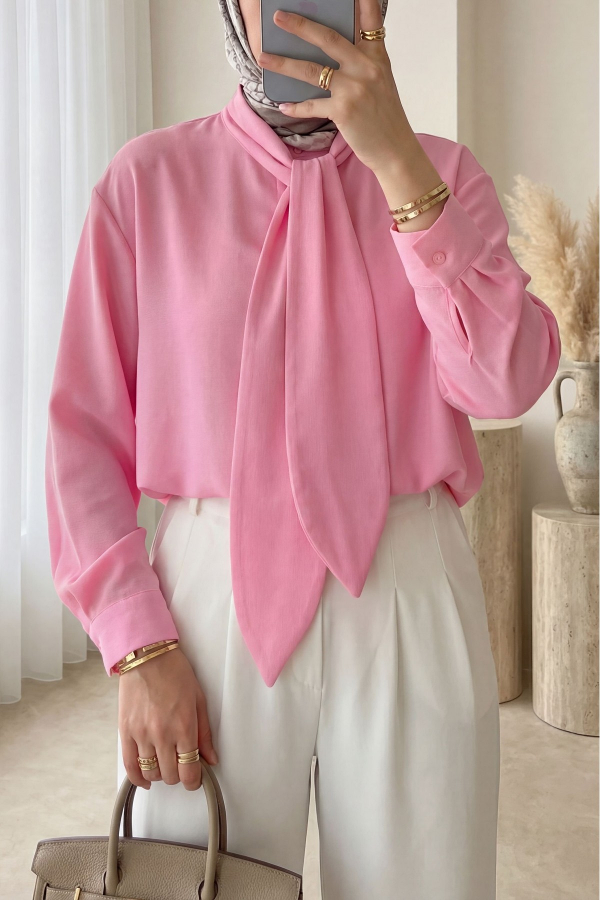 Yakası Bağlamalı Düğmeli Oversize Poplin Gömlek  -Pembe