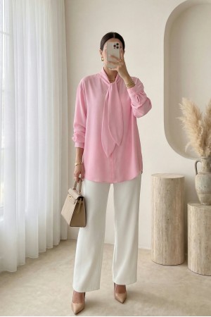 Yakası Bağlamalı Düğmeli Oversize Poplin Gömlek  -Pembe