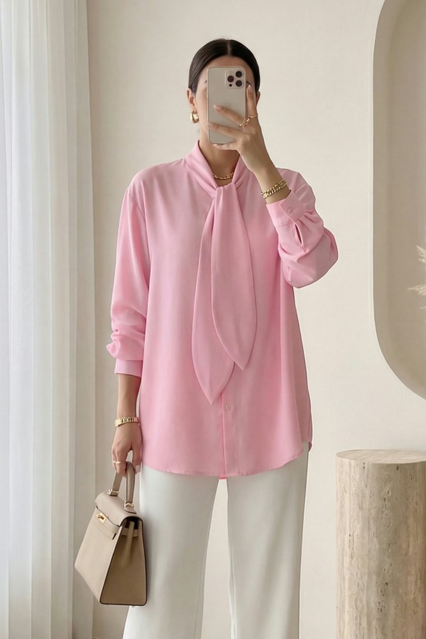Yakası Bağlamalı Düğmeli Oversize Poplin Gömlek  -Pembe