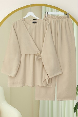 Modal Suit with Cross-Tie Waist Trousers - Beige