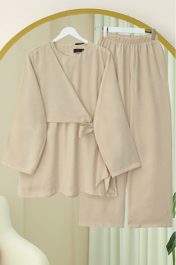 Modal Suit with Cross-Tie Waist Trousers - Beige