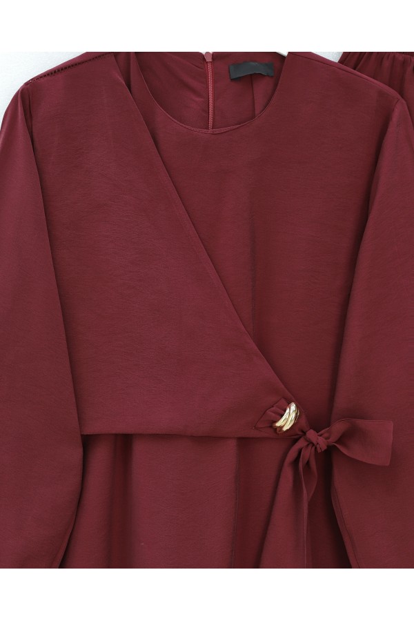 Beli Çapraz Bağlamalı Pantolonlu Modal Takım  -Bordo
