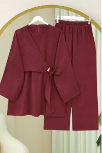 Beli Çapraz Bağlamalı Pantolonlu Modal Takım  -Bordo