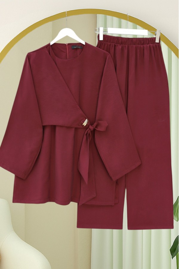 Beli Çapraz Bağlamalı Pantolonlu Modal Takım  -Bordo