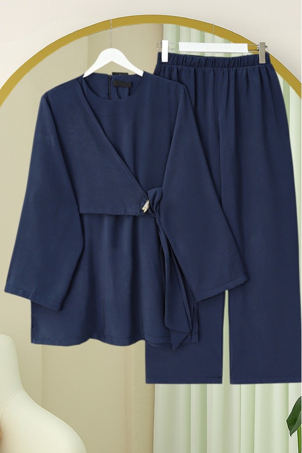 Modal Suit with Cross-Tie Waist Trousers -Navy blue