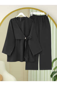 Beli Çapraz Bağlamalı Pantolonlu Modal Takım  -Siyah