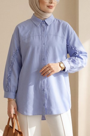 Buttoned Poplin Shirt with Ruffled Sleeves -Baby Blue