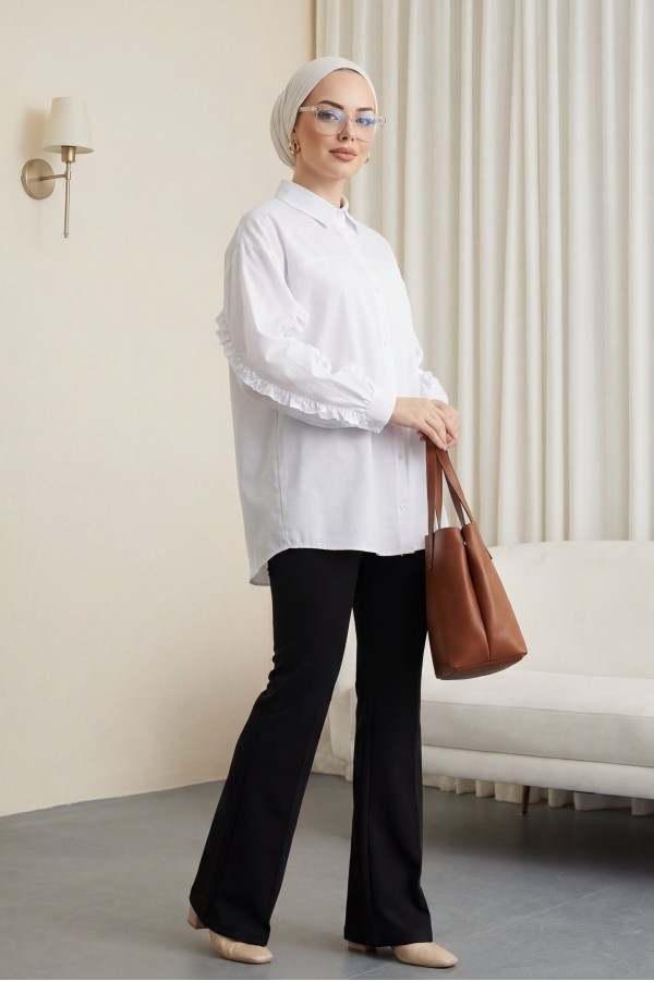 Buttoned Poplin Shirt with Ruffled Sleeves -White