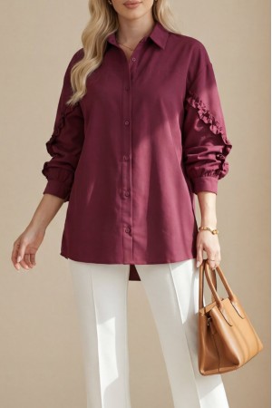 Buttoned Poplin Shirt with Ruffled Sleeves -Maroon