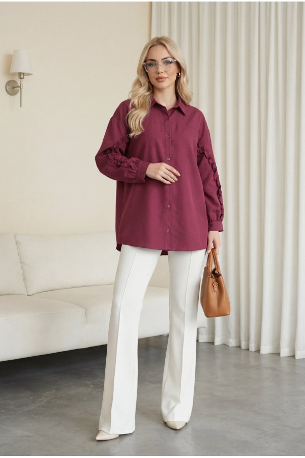 Buttoned Poplin Shirt with Ruffled Sleeves -Maroon