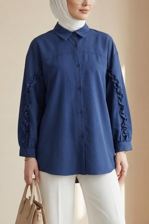 Buttoned Poplin Shirt with Ruffled Sleeves -Navy blue