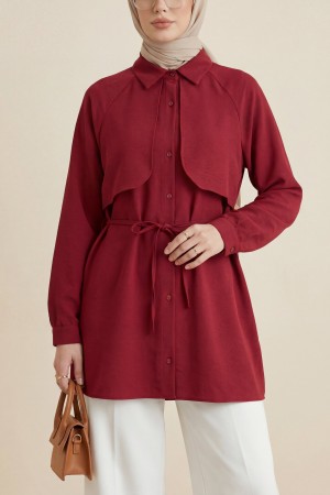 Bolero Detaylı Bağcıklı Poplin Tunik -Bordo