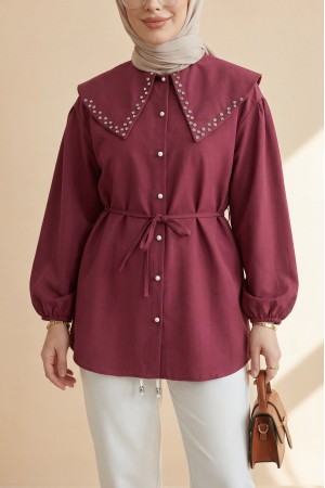 Geniş Yaka Yakası Taşlı Kolu Lastikli Düğmeli Bağcıklı  Gömlek  -Bordo
