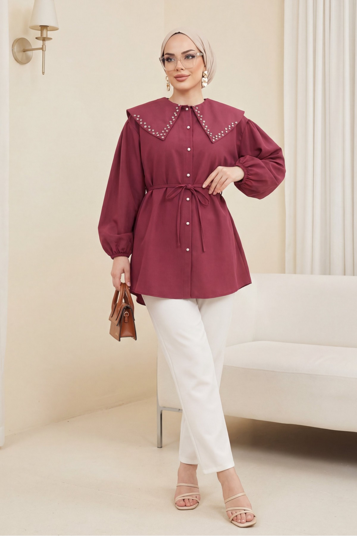 Wide Collar Shirt with Stone Embellished Collar, Elasticated Sleeves, Button Closure and Drawstring -Maroon