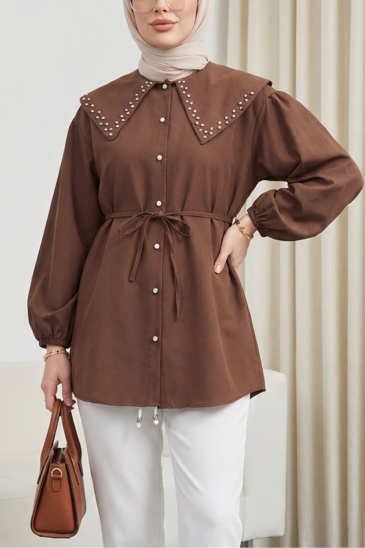 Wide Collar Shirt with Stone Embellished Collar, Elasticated Sleeves, Button Closure and Drawstring -Brown