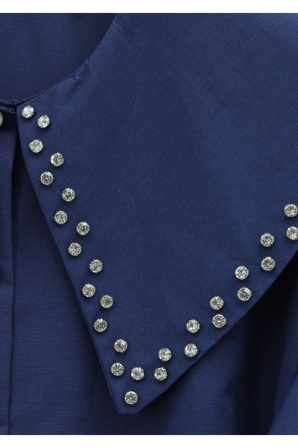Wide Collar Shirt with Stone Embellished Collar, Elasticated Sleeves, Button Closure and Drawstring -Navy blue