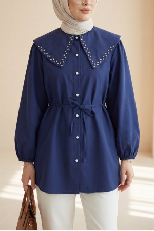 Geniş Yaka Yakası Taşlı Kolu Lastikli Düğmeli Bağcıklı  Gömlek  -Laci