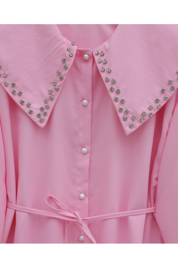 Wide Collar Shirt with Stone Embellished Collar, Elasticated Sleeves, Button Closure and Drawstring -Pink