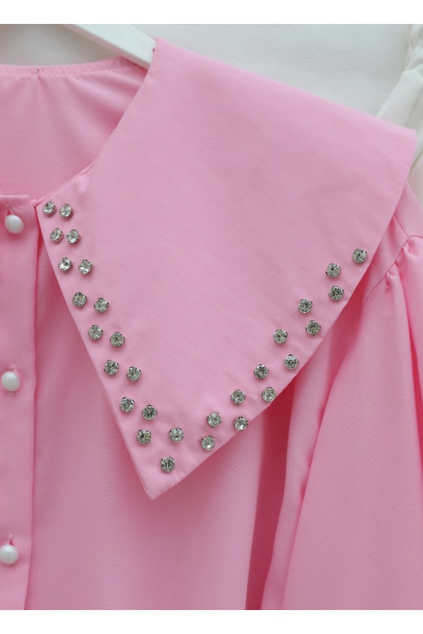 Wide Collar Shirt with Stone Embellished Collar, Elasticated Sleeves, Button Closure and Drawstring -Pink