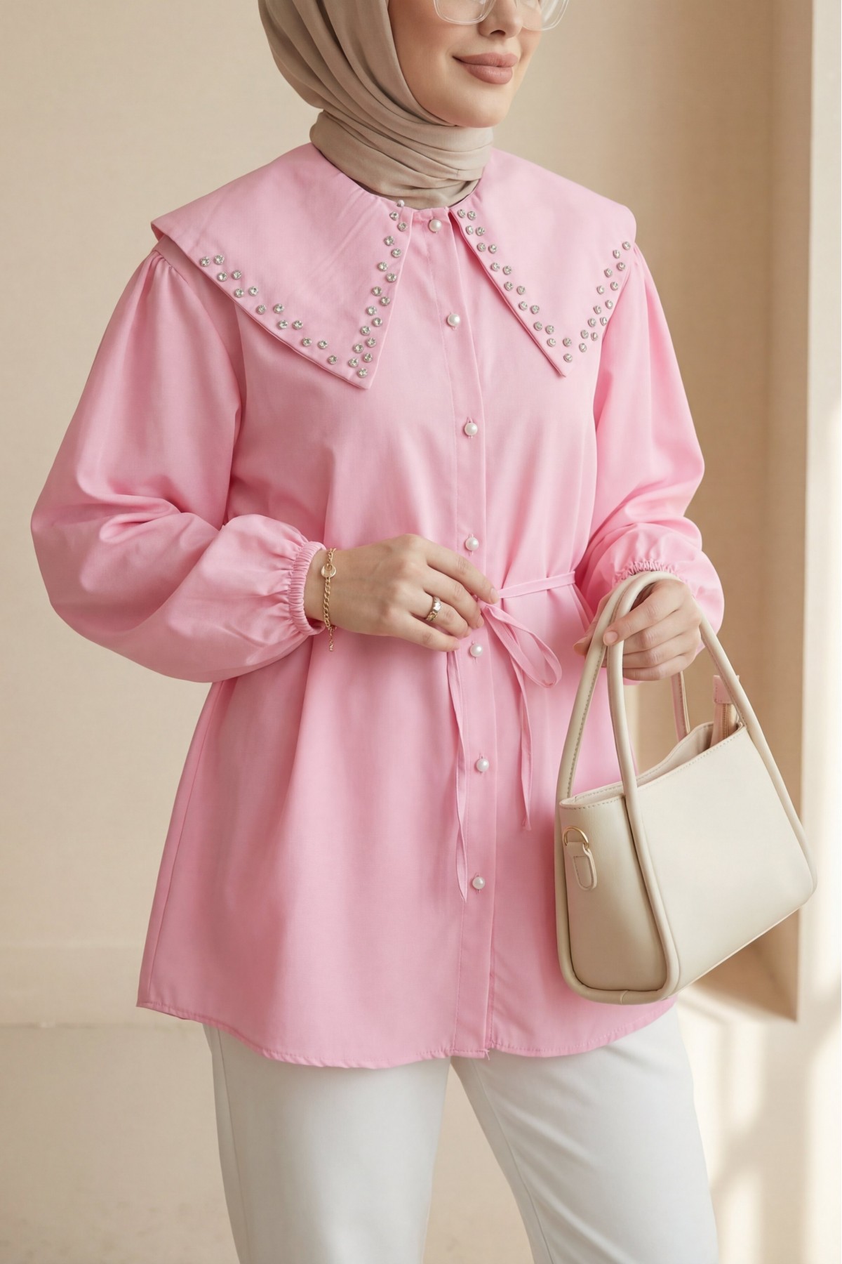 Wide Collar Shirt with Stone Embellished Collar, Elasticated Sleeves, Button Closure and Drawstring -Pink