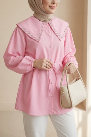 Geniş Yaka Yakası Taşlı Kolu Lastikli Düğmeli Bağcıklı  Gömlek  -Pembe