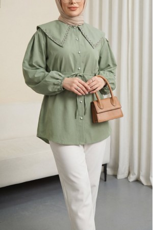 Geniş Yaka Yakası Taşlı Kolu Lastikli Düğmeli Bağcıklı  Gömlek  -Yeşil