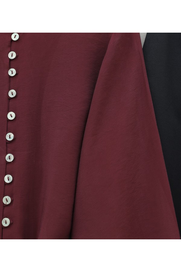 Modal Shirt with Tie-Up Hem, Elastic Waist and Cuffs, and Button Closure -Maroon