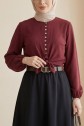 Modal Shirt with Tie-Up Hem, Elastic Waist and Cuffs, and Button Closure -Maroon