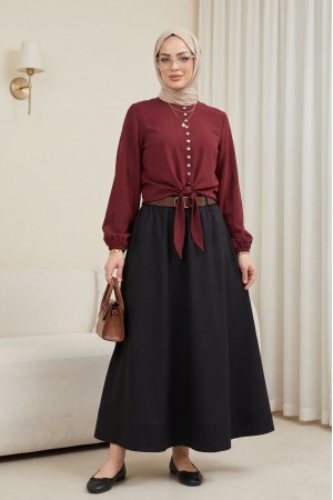 قميص من قماش المودال بحافة قابلة للربط، وخصر وأساور مطاطية، وإغلاق بأزرار. -بوردو
