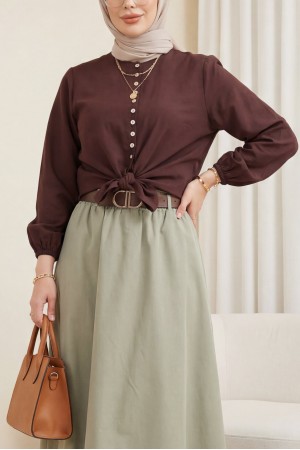 Eteği Bağlamalı Beli Ve Kolu Lastikli Düğmeli Modal Gömlek -Kahve