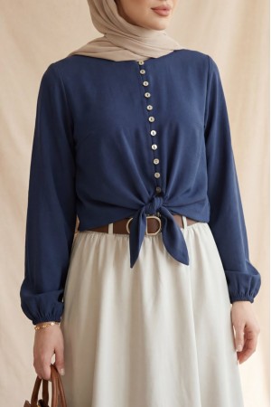 Eteği Bağlamalı Beli Ve Kolu Lastikli Düğmeli Modal Gömlek -Laci
