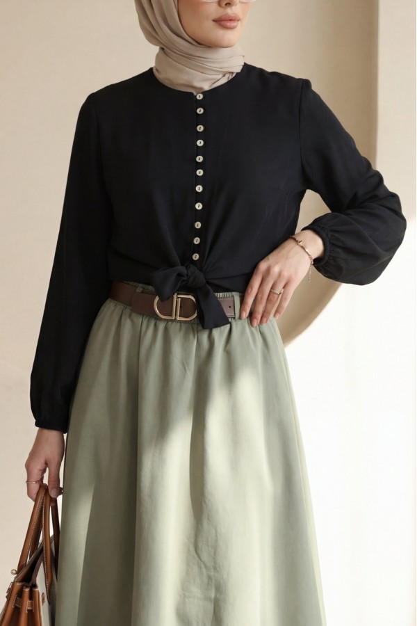 Modal Shirt with Tie-Up Hem, Elastic Waist and Cuffs, and Button Closure -Black