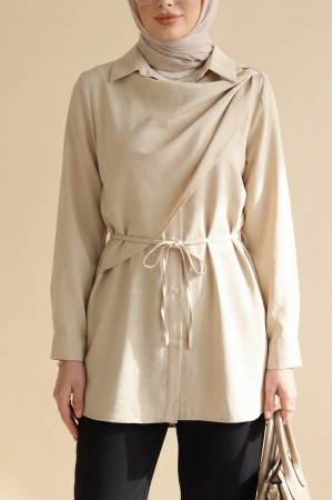 Önü Çift Kat Omuz Detaylı Bağcıklı Düğmeli Modal Gömlek  -Bej