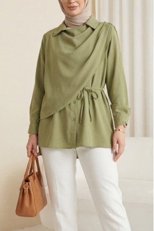 Önü Çift Kat Omuz Detaylı Bağcıklı Düğmeli Modal Gömlek  -Çağla Y.