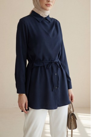 Önü Çift Kat Omuz Detaylı Bağcıklı Düğmeli Modal Gömlek  -K.Laci