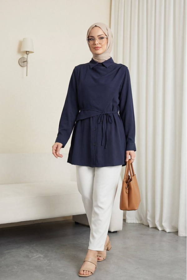 Modal Shirt with Double Front Shoulder Detail, Lace-up and Button Closure -dark lacquer