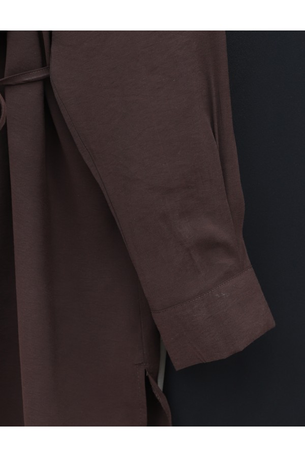Modal Shirt with Double Front Shoulder Detail, Lace-up and Button Closure -Brown