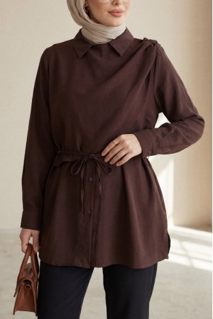 Önü Çift Kat Omuz Detaylı Bağcıklı Düğmeli Modal Gömlek  -Kahve