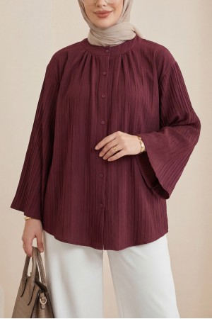 Yuvarlak Yaka Düğmeli İspanyol Kol Siena Tunik -Bordo
