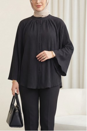 Yuvarlak Yaka Düğmeli İspanyol Kol Siena Tunik -Siyah