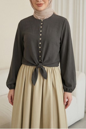 Eteği Bağlamalı Beli Ve Kolu Lastikli Düğmeli Modal Gömlek   -K. Kahve