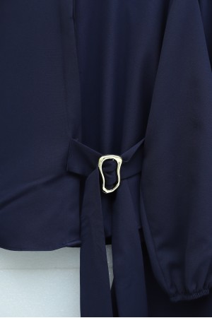 Crepe Set with Elasticated Sleeves, Button Front, and Side Tie Skirt -Navy blue