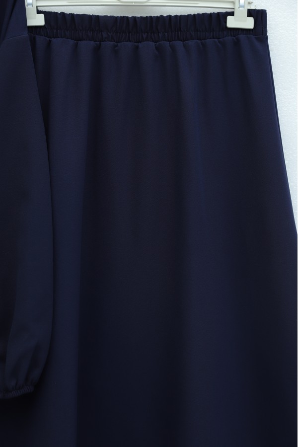 Crepe Set with Elasticated Sleeves, Button Front, and Side Tie Skirt -Navy blue