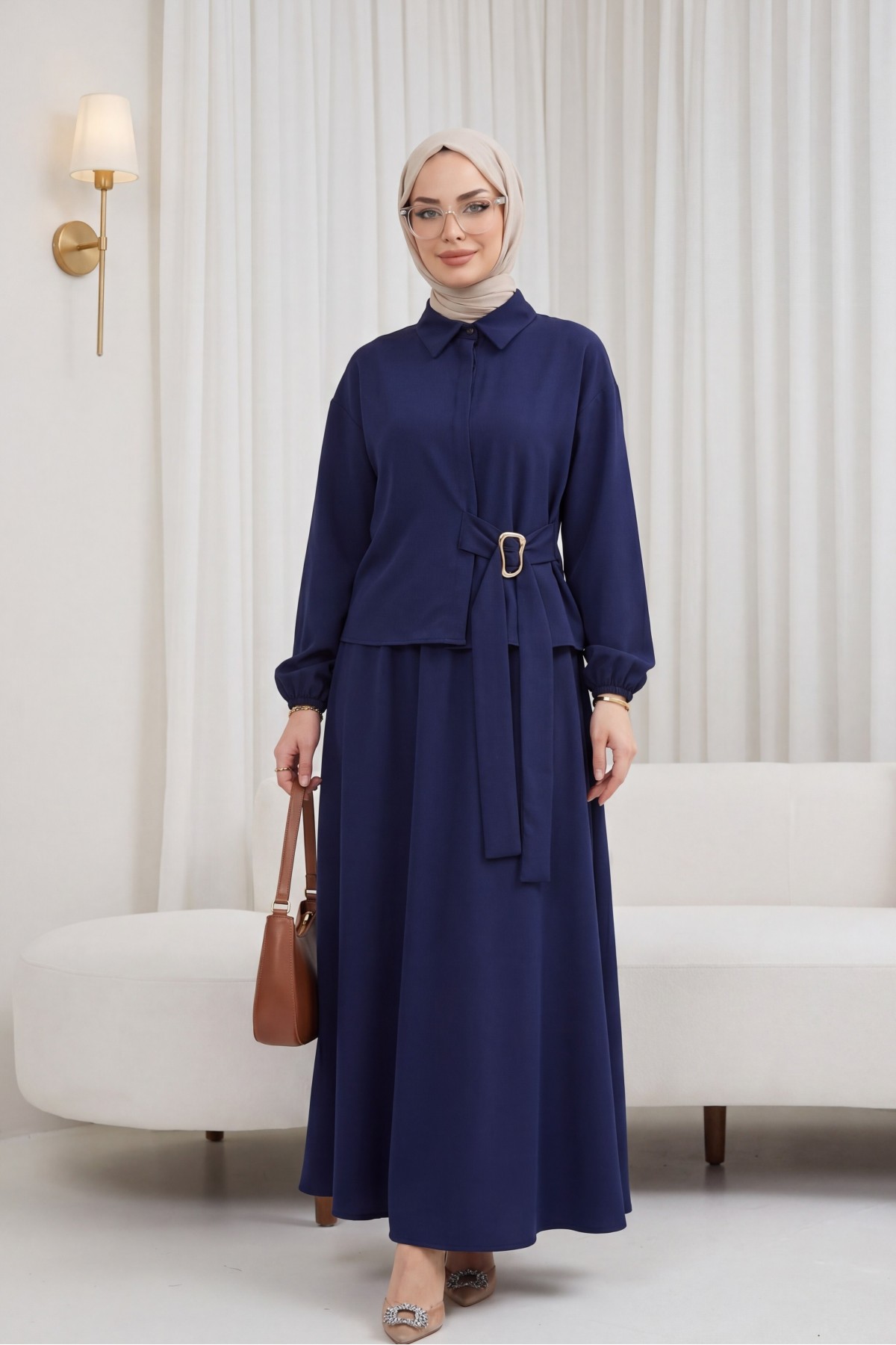 Crepe Set with Elasticated Sleeves, Button Front, and Side Tie Skirt -Navy blue